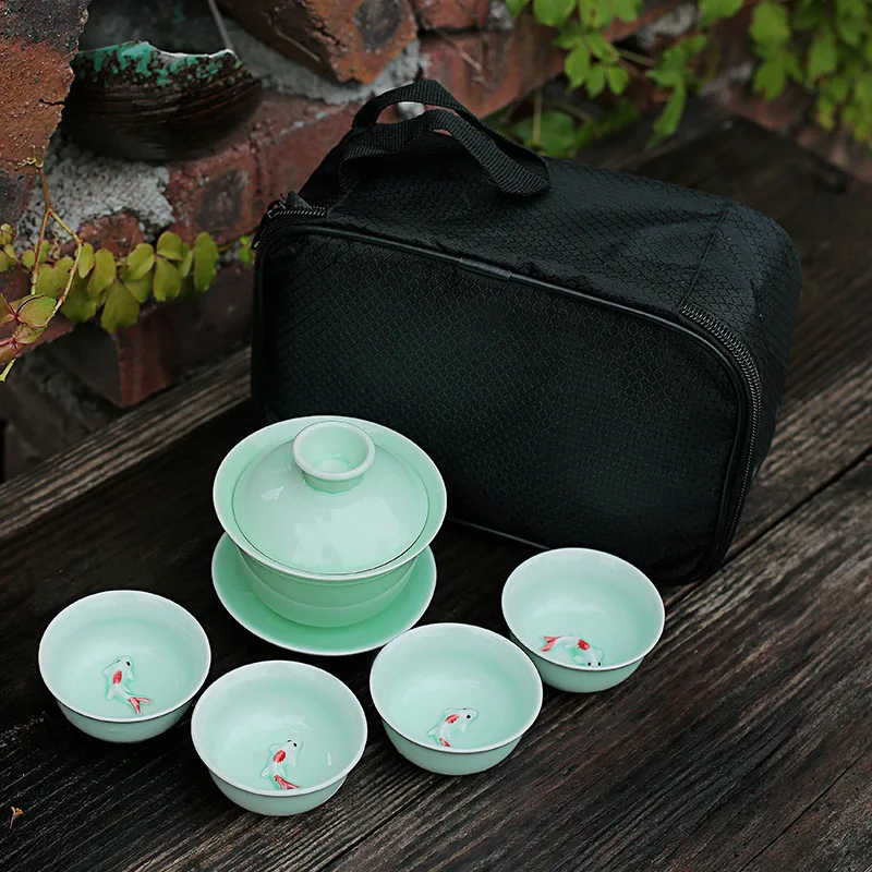 

On Sale Portable Kung Fu Tea Set Ceramic Chinese Teapot Porcelain Teaset Gaiwan Tea Cups of Tea Ceremony Tea Pot With Travel Bag