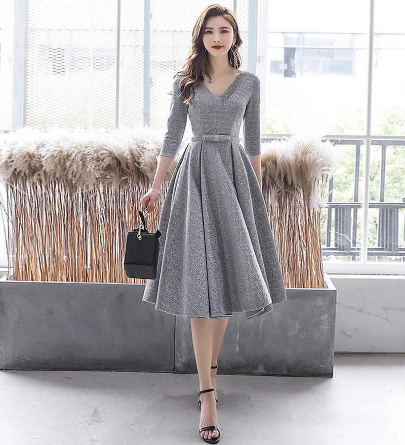 

New Silver-Grey V Neck Slim Middle Length Half Sleeve Evening Dresses Party Gown Vestido De Festa Prom Gowns