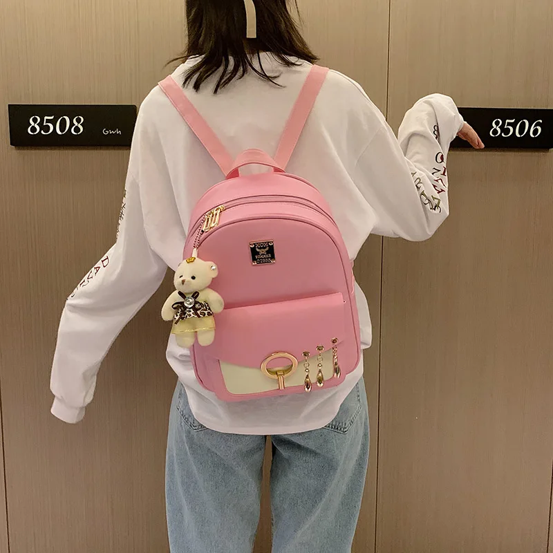 

2019 New Style Fashion Cool Bear Pendant Backpack Women's Casual Three-piece Set Female Backpack