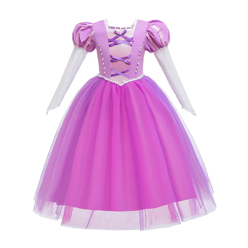 Платье принцессы Рапунцель для девочек; детский летний костюм с цветочным рисунком и бантом; детское платье для костюмированной вечеринки на Хэллоуин, день рождения - Цвет: Dress 2