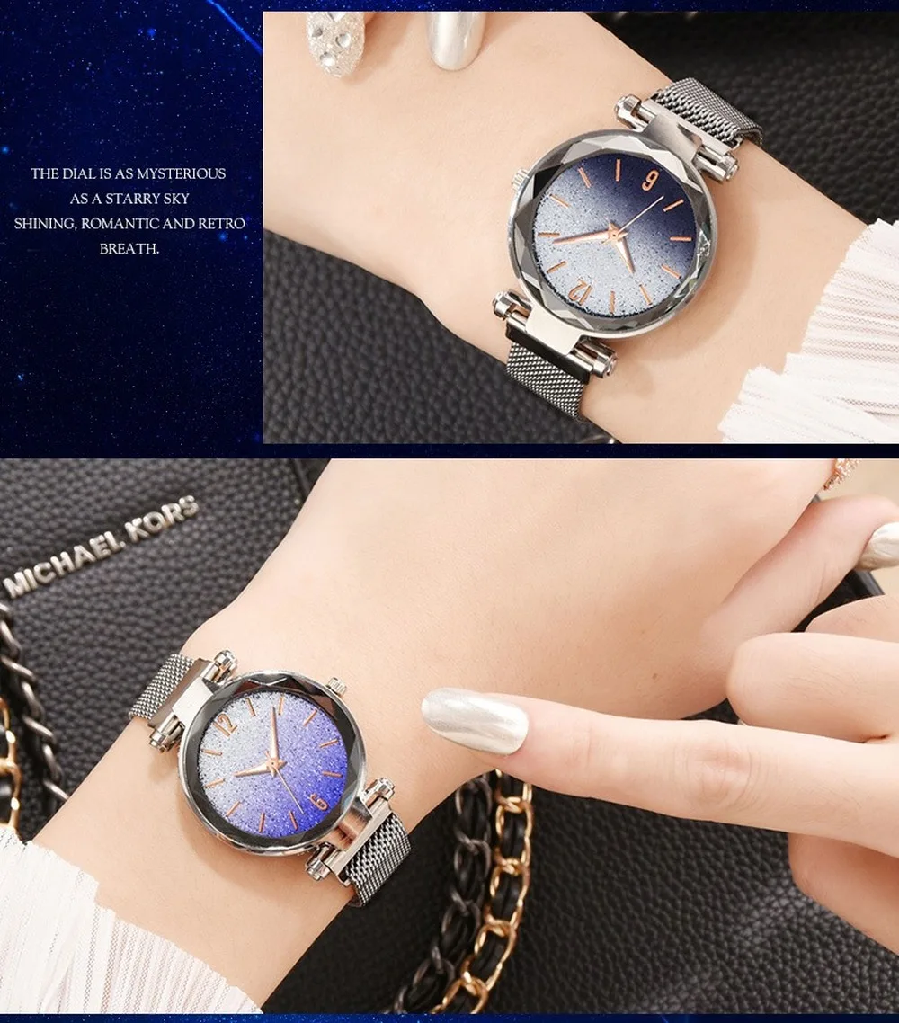 Роскошные Звездное небо браслет из нержавеющей стали часы для женщин Кристалл Аналоговые кварцевые наручные часы Дамская мода платье часы
