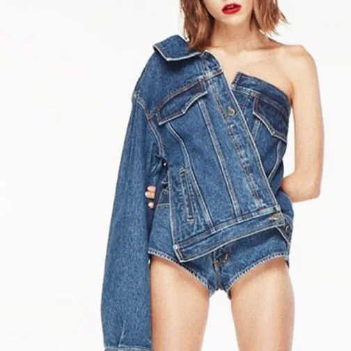 

Autumn Winter Lapel Long Sleeve One Shoulder Blue Denim Coat Pockets Women Lapel Button Side Split Cool Irregular Jacket