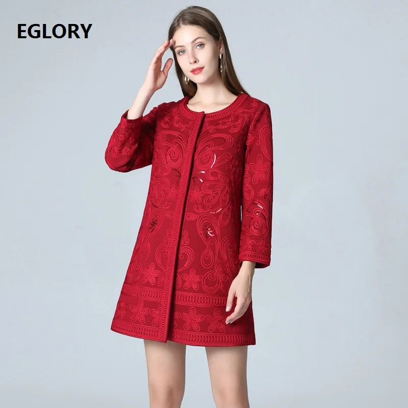 

Elegant 1950s Style Coat Outerwear 2019 Autumn Winter Jacket Women Allover Appliques Embroidery Sequined Red Coat Female XXXXL
