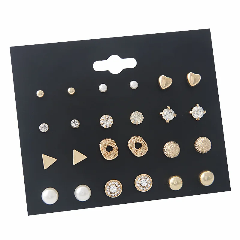 

Korean-style Elegant Versatile Ear Stud Geometry Pearl Earings Set Heart Diamond Set Zircon Earrings Women's Hot Selling Small J
