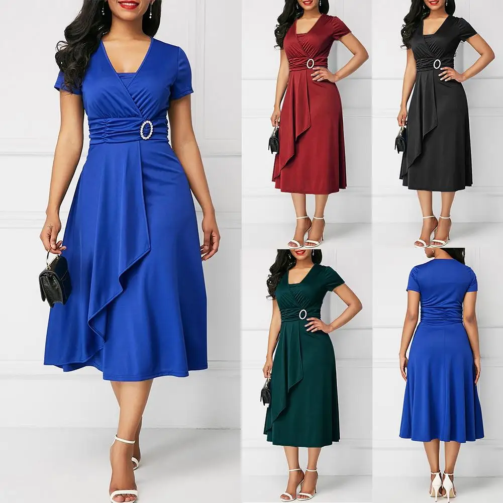 

HOT SALE Plus Size Women Short Sleeve V Neck Asymmetric Hem Waist Tight Midi Party Dress Elegant Party Dress Women Fashion Dress