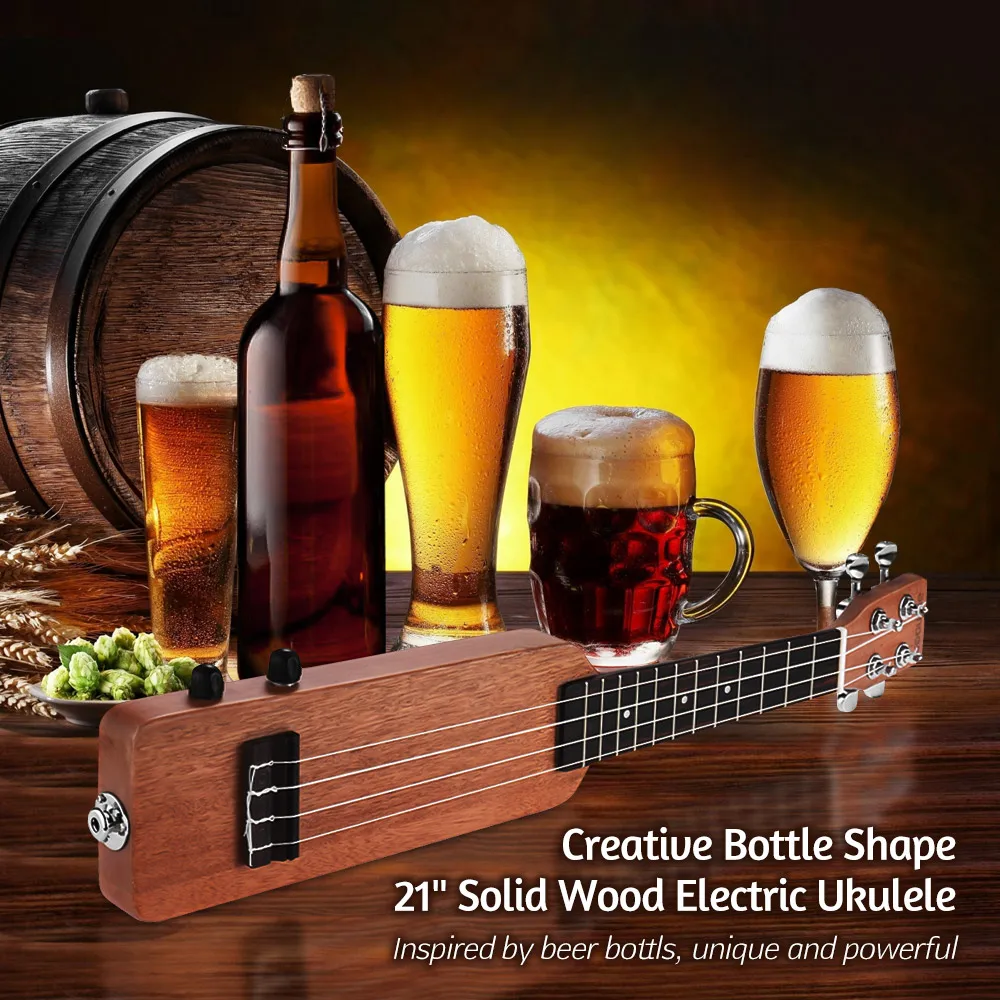 ammoon Creative 21" Solid Wood Okoume Electric Ukulele Uke with 3.5mm& 6.35mm Outputs Including Carrying Bag 4pcs Extra Strings