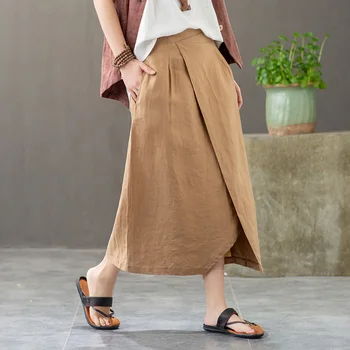 

Linen Hem Split Skirt With Pocket Women Spring New Literary Retro Pankou Elastic Waist Long Skirt Female
