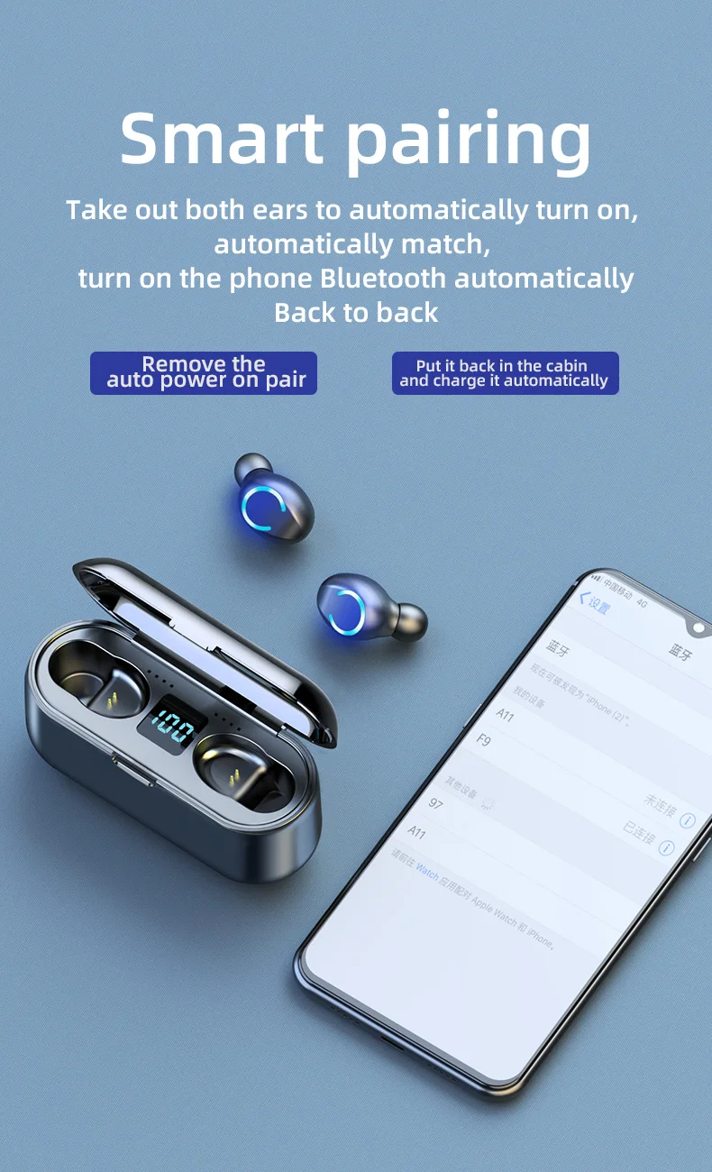 TWS 5 0 Bluetooth Earphones Wireless Headphones 2000mah LED Power Display Touch Control Wireless Headset Gaming Earbuds F9 TWS