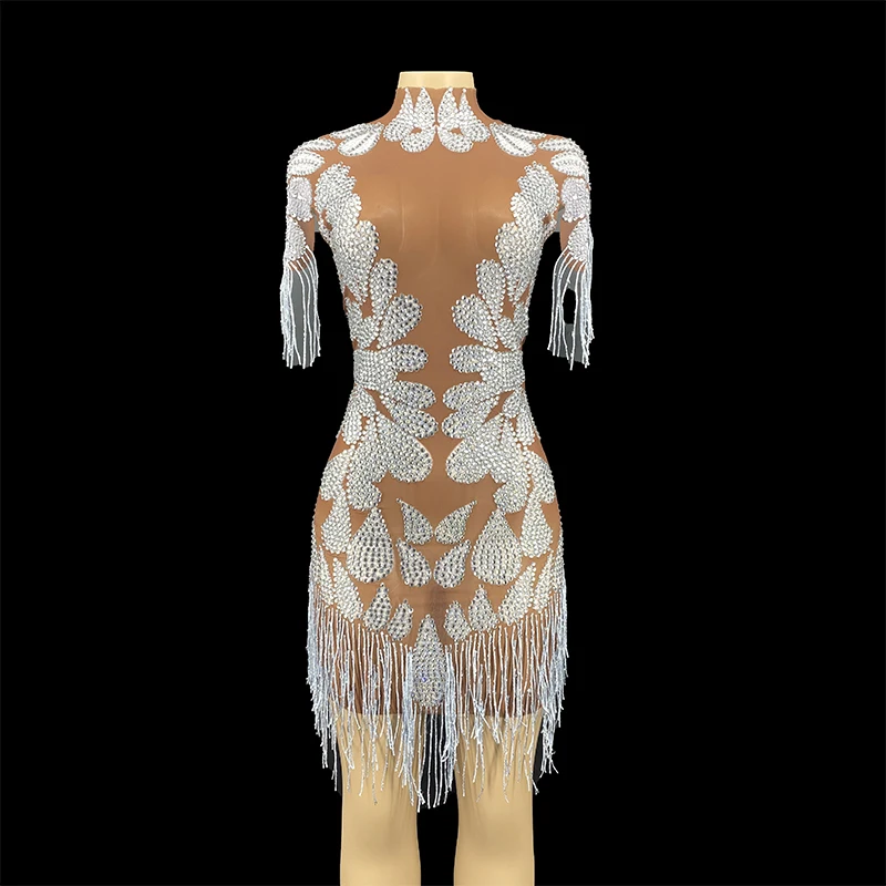 

Shining Silver Crystals Fringes Bodysuit See Through Birthday Celebrate Mesh Outfit Party Dance Female Singer Show