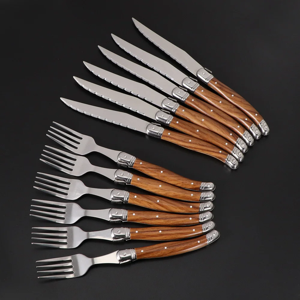 Jaswehome 6Piece Wood Grain Handle Steak Knife Fork Collection Western Food Knife and Fork Set