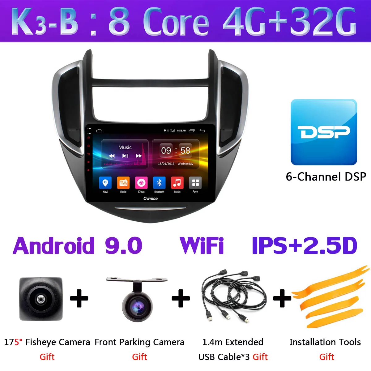 K3-B Панорамная камера 360 ° 4G SIM wifi Android 9,0 4G+ 64G gps радио SPDIF DSP CarPlay Автомобильный плеер для Chevrolet Trax - Цвет: K3-B