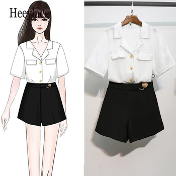 

women Summer office ladies shorts set women solid blouse top and shorts two piece set women clothings OL elegant matching set