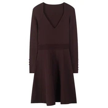 

2020 Elegant Buttons Split Women Shirt Dress Office Female Slim Fit V-Neck Knitted Vestidos Spring Lades A Line Midi Dress