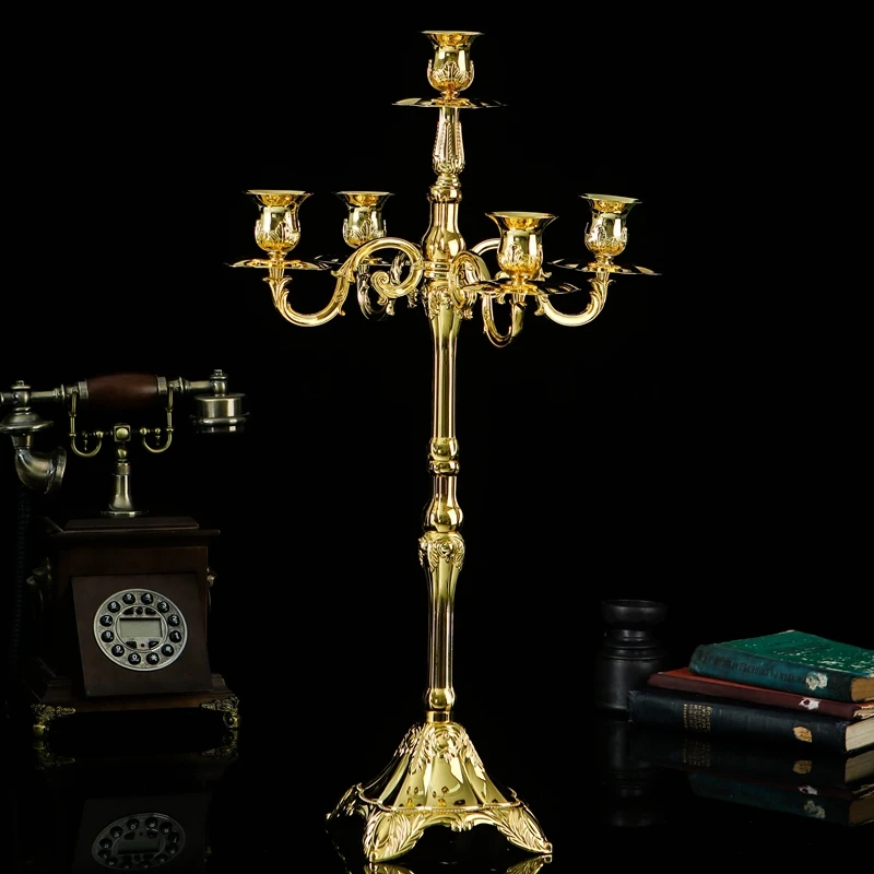 Nordic Antique Gold Candle Holder Tall Five Arm Candlestick Metal