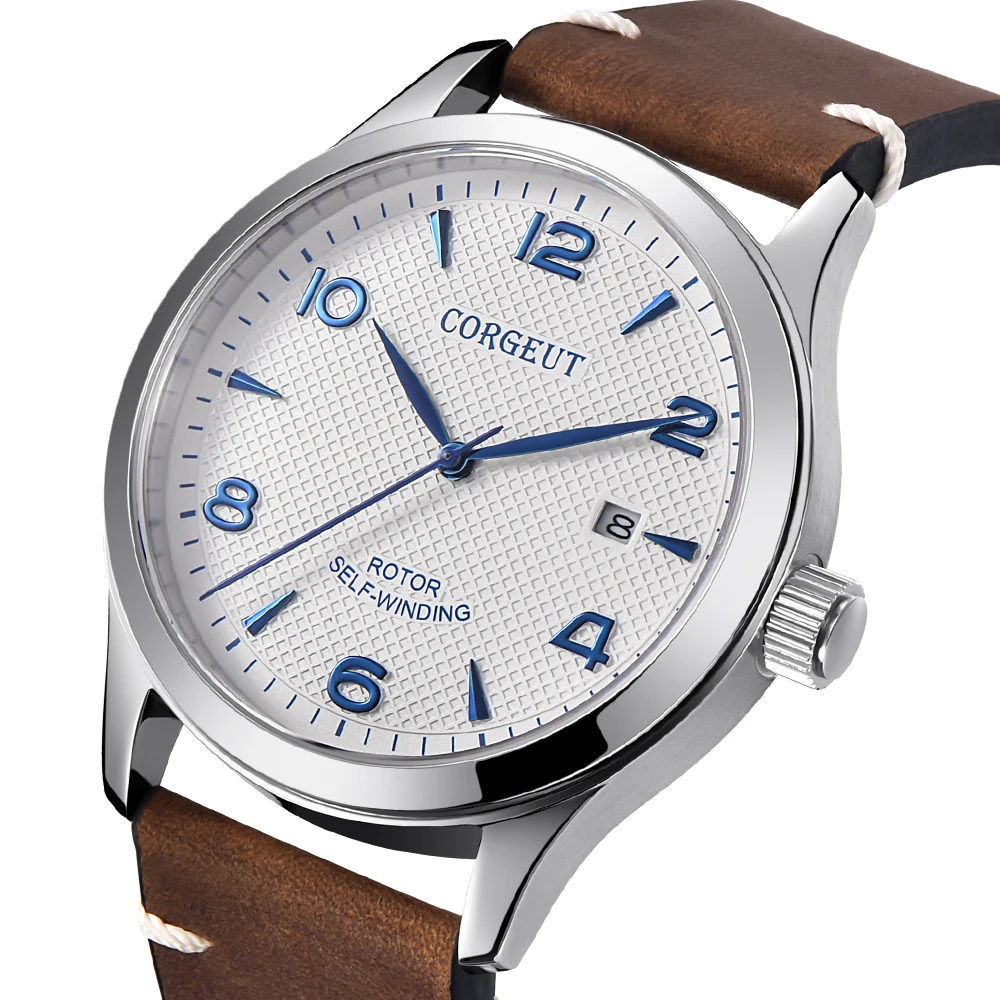 Corgeut 42 мм механические часы Роскошный топ бренд кожа сапфир кристаллический календарь Мужские Спортивные автоматические мужские часы
