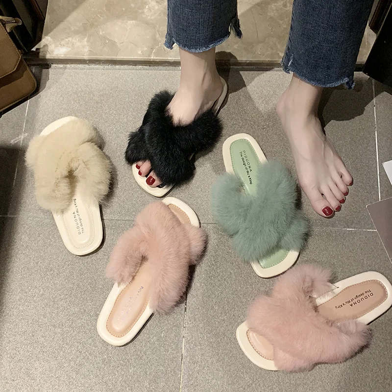 

Sweet Fluffy rabbit fur slides summer outdoor beach sandals furry cross band flats home slippers solid fur flip flops open toe
