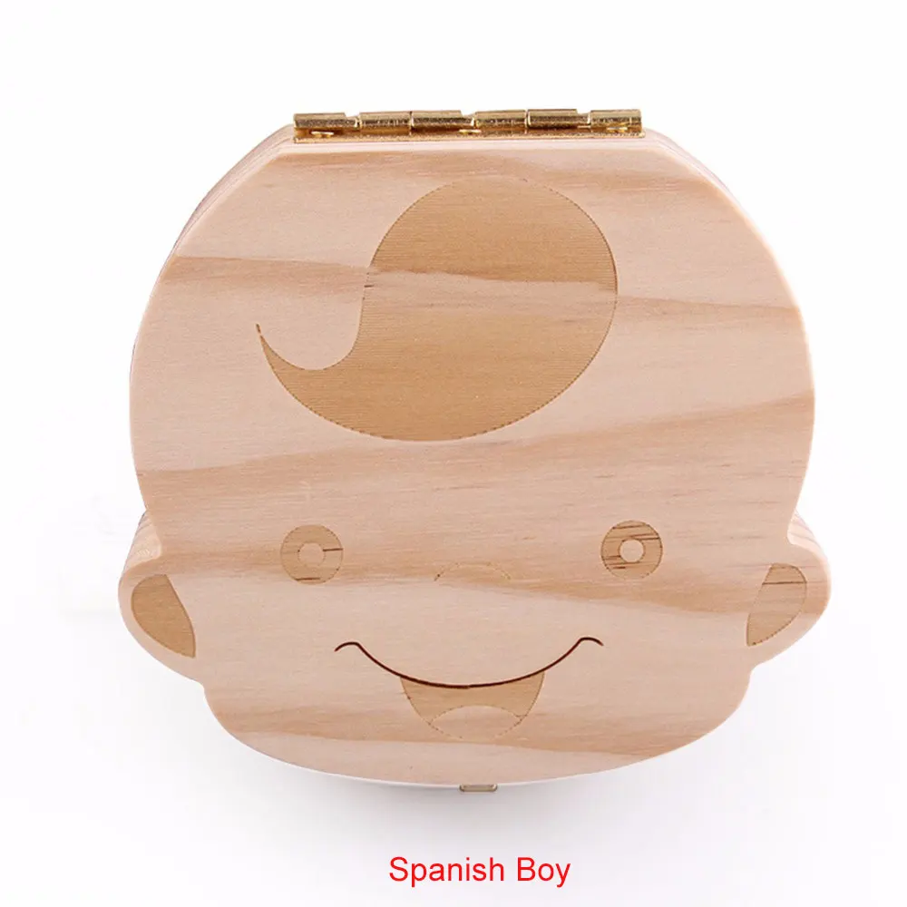 Spanish Boy Детская коробка для зубов Испанский/английский/русский/Французский деревянная коробка для зубов органайзер для хранения молочных зубов Деревянный чехол для хранения зубов - Цвет: Spanish Boy