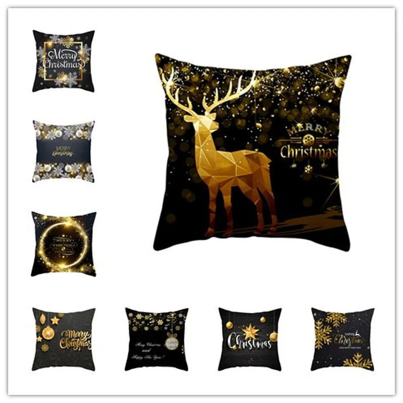 Christmas Decorations for Home Gold Black Snowflake Elk Cushion Cover Navidad Xmas Ornaments New Year Christmas Gift