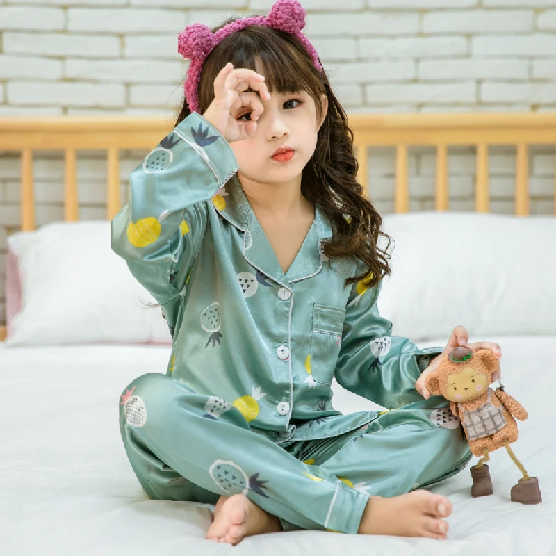 Satin Girls Pajamas Set Stripe Printed Summer Childreen Pijama 2 Pieces Short Sleeve Sleepwear Silk Gril Homewear Casual Long cotton pajama sets