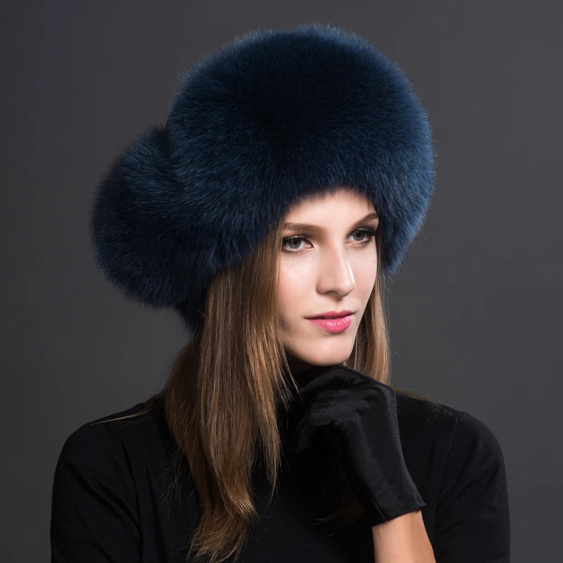 Pale blue Шапки из лисьего меха, натуральный Лисий мех, зимние наушники, утолщенная Лыжная шапка, женская меховая шапка, зимняя, очень холодная-35 - Цвет: Pale blue