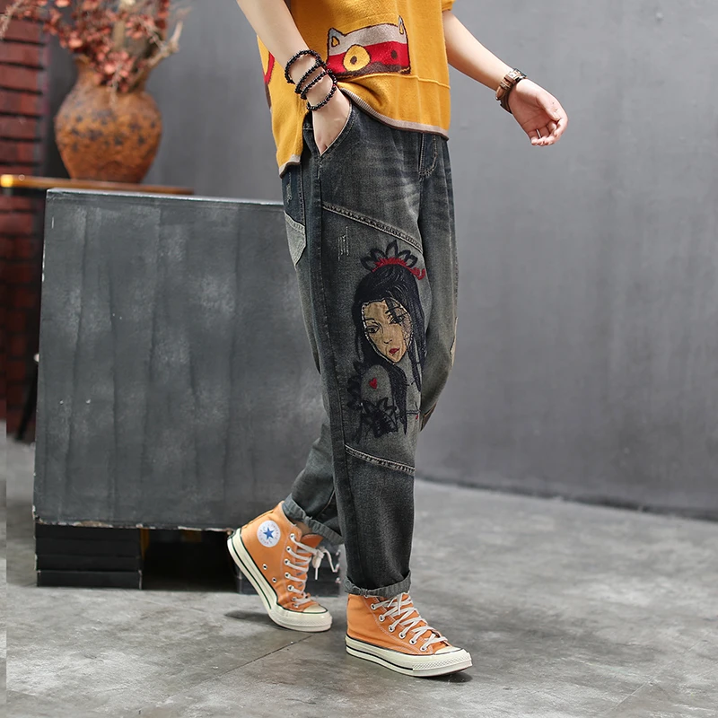 New style jeans for women Embroidery Patchwork Elastic waist trousers female Vintage retro denim jeans with pocket Z4