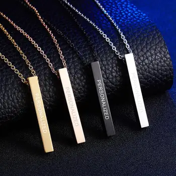 

Stainless Steel Four Sides Engraving Necklace Square Bar Name Pendant Necklace Women Men Gift Jewelry