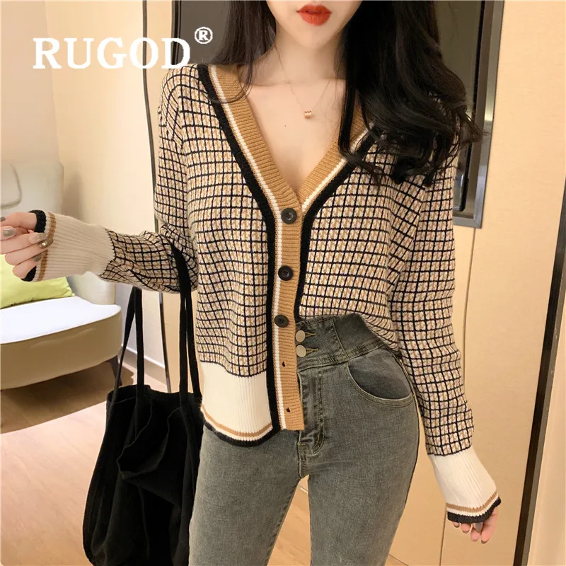 RUGOD Autumn Winter New Style Chic Plaid Sweater Contrast Color Single-breasted Knitted Cardigan Kpop Clothes Fashion 2019 |