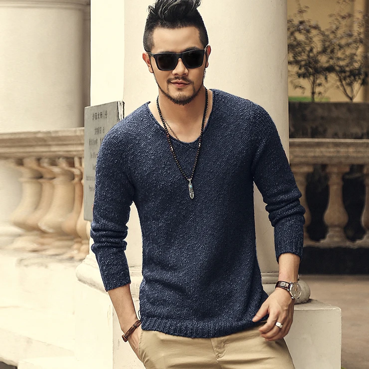 

2019 large size XXL V-neck men's fittings warm pullover chicken heart collar knitted sweater J603