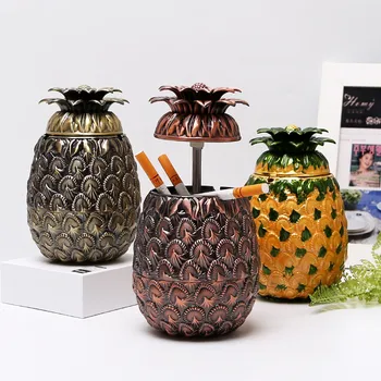 

Fruit Pineapple Metal Ashtray Toothpick Holder Creative Coffee Table Press with Lid Ash Storage Tank Desktop Decorative Ornament
