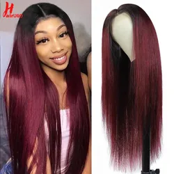 HairUGo Remy T1B/99J 13x1 T Part Lace Wig Brazilian Straight Human Hair Wigs Pre-Colored Wigs For Women Transparent Lace 180%