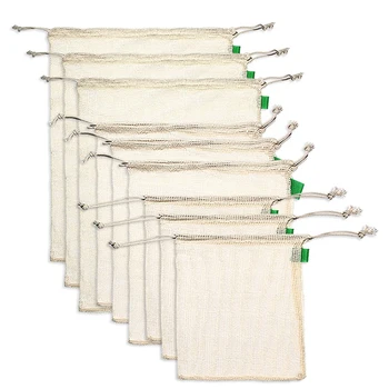 

HHO-9Pcs Organic Cotton Mesh Produce Bags Reusable Washable Storage Drawstring Bag for Shopping, Grocery,Fruit Vegetable