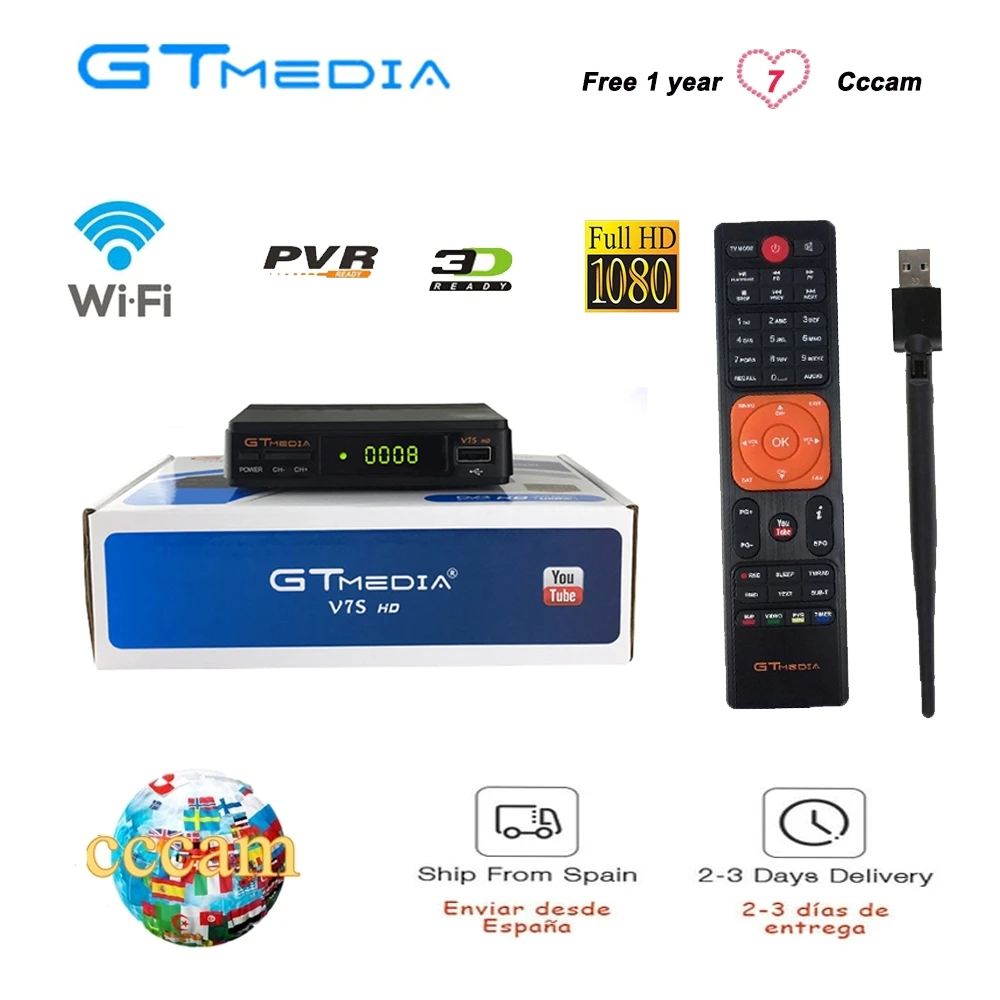 

GTMedia V7S FullHD Freesat Satellite Receiver + 1Year Europe CCcam-clines 1080P for Spain Germany Portugal Freesat V7
