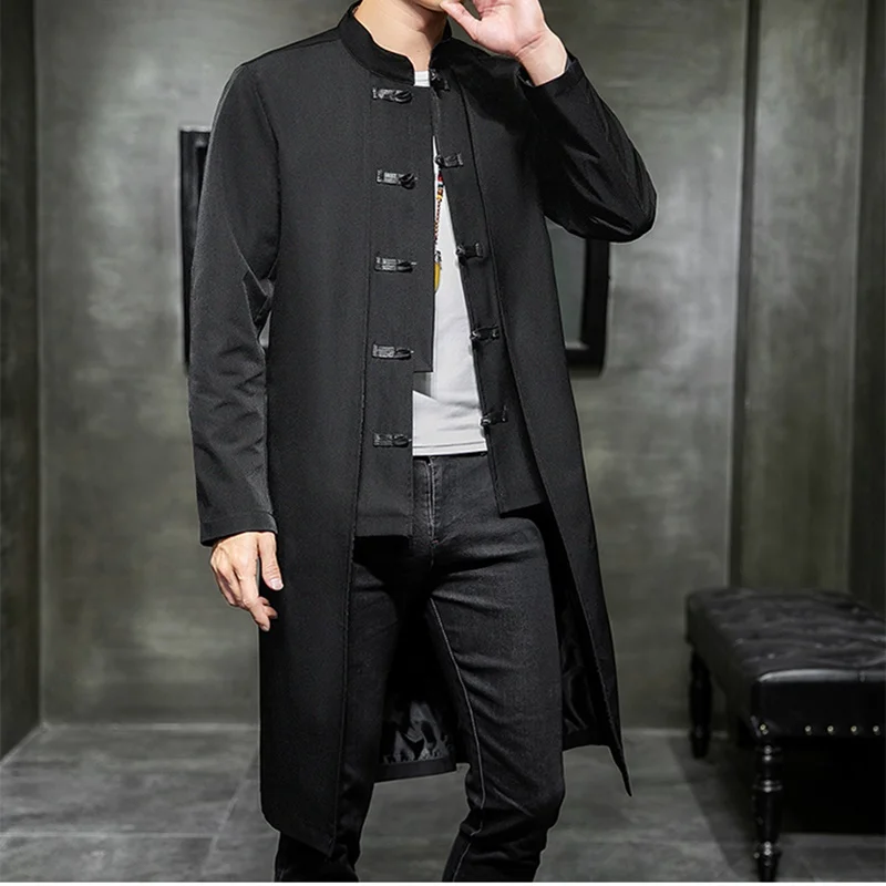 Chinese Style Long Windbreaker Jacket Men Streetwear Oriental Clothes Men Hip Hop Chinese Mandarin Jacket Coat KK3150