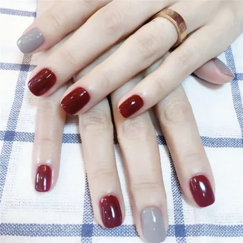 

24Pcs Simple Fake Nails Vintage Wine Red Gray Jump Color Solid Square Artificial Nail Tips with Glue for Office Home TY