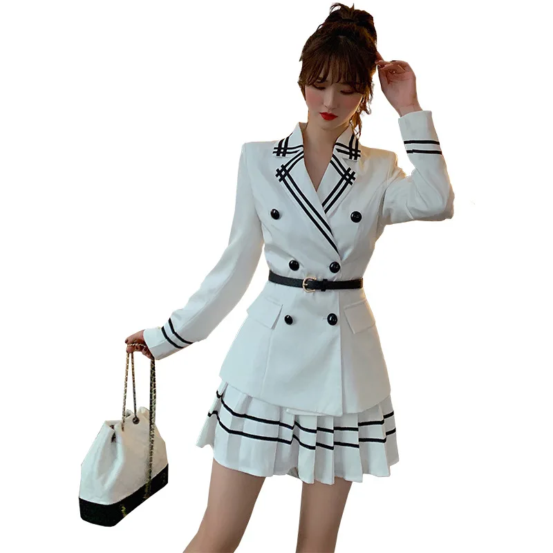 2 Piece Set Autumn Vintage Women Suit Sweet White Full Sleeve Suit Top and Pleated Skirt Office Two Piece Set Elegant Vestidos