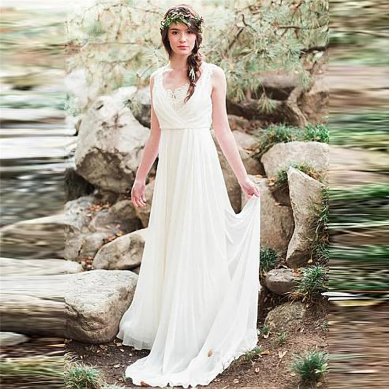 

Beautiful Long Chiffon Lace Spring A-Line Wedding Dresses Custom Made Sexy Lower Back Bridal Gowns Beach Bohemia Style Wedding