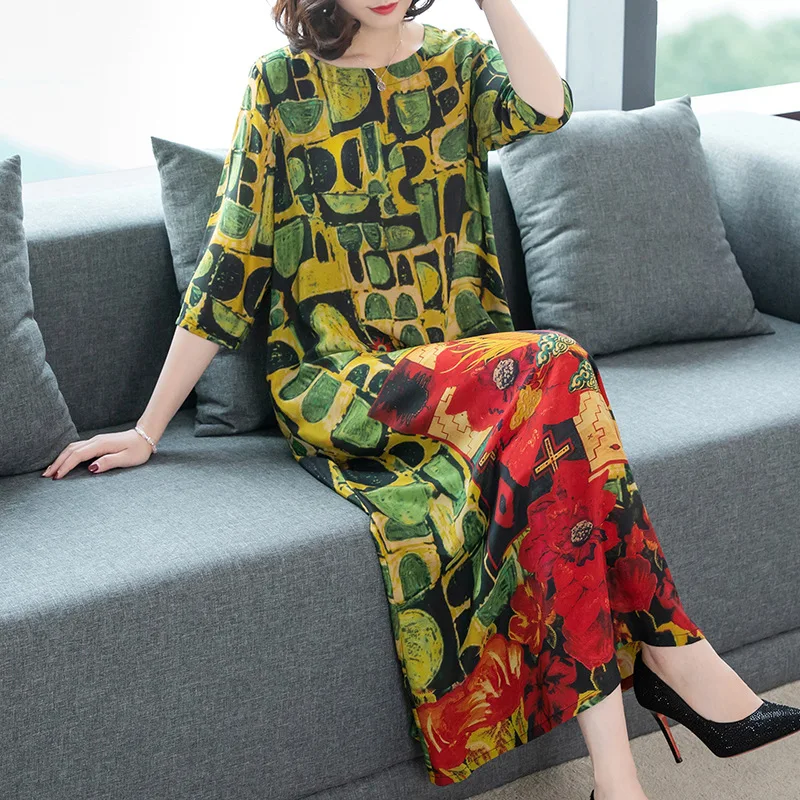 

Silk Dress Women's Printed Loose-Fit Slimming 2019 Spring Clothing New Style Retro Large Size Mulberry Silk Long Skirts