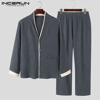 

Men Cotton Buttons Nightgown Suits INCERUN Men Patchwork Pajamas Suits Long Sleeve V Neck Tops Elastic Pants Homewear Sets S-5XL