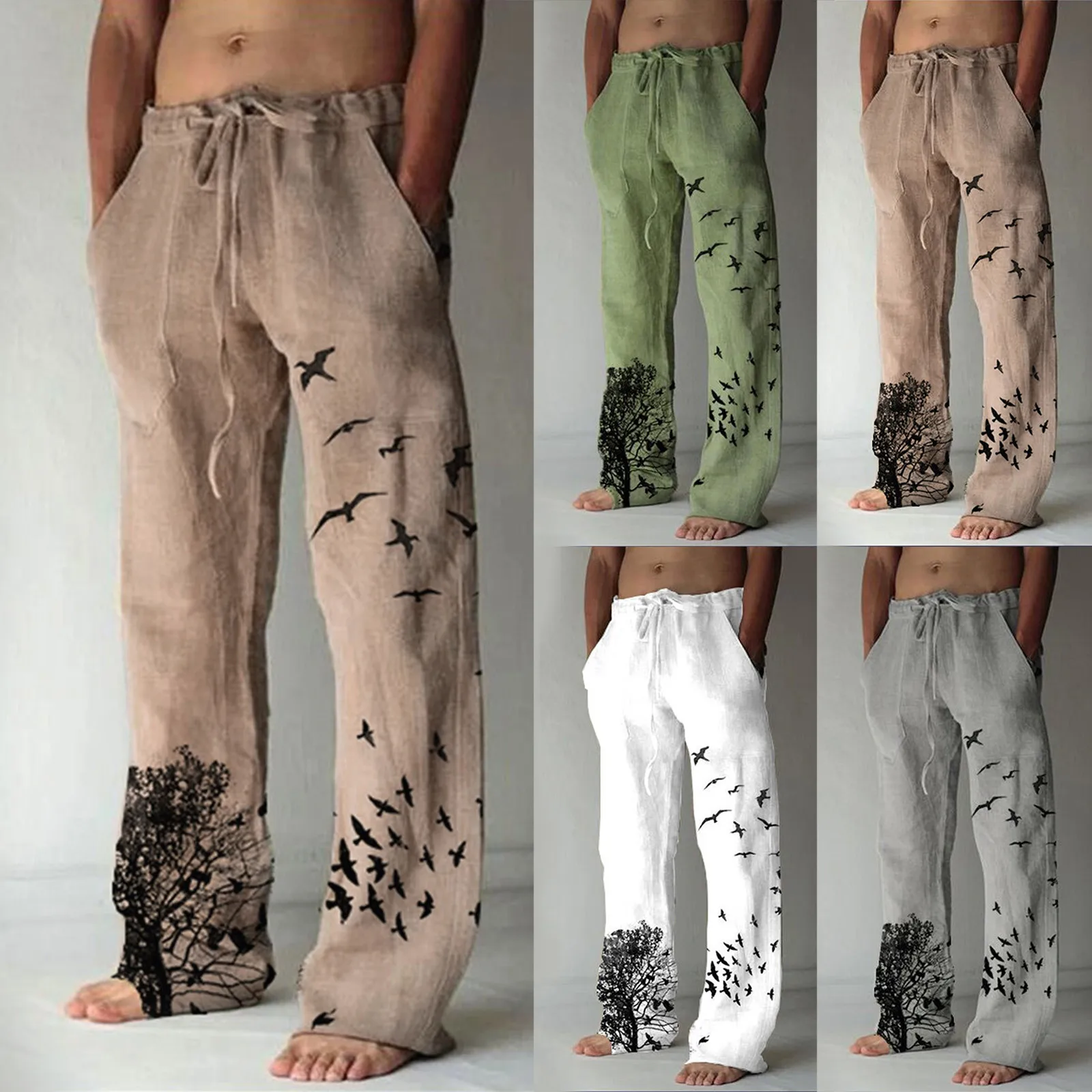 New Men's Casual Tree&bird Print Full Length Pants Pocket Drawstring Trousers Daily Simple Fashion Pants Pantalones Hombre 2021 1