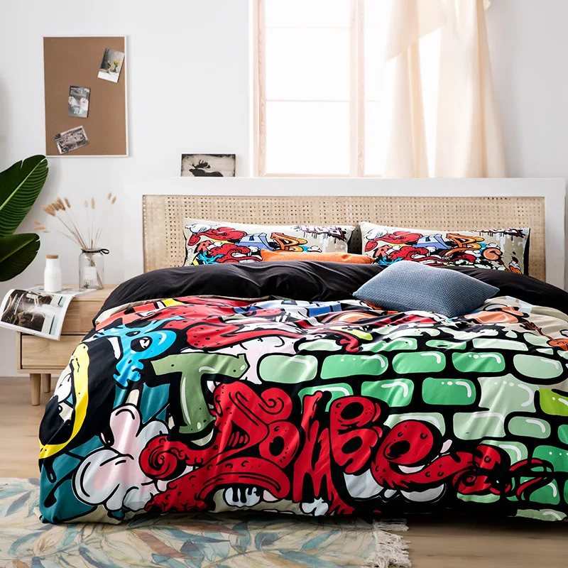 Graffiti Bedding Set For Kids Hip Hop Theme Radio Rock Youth Comforter Cover For Boys Teens, Colorful Novelty Decorative Cover