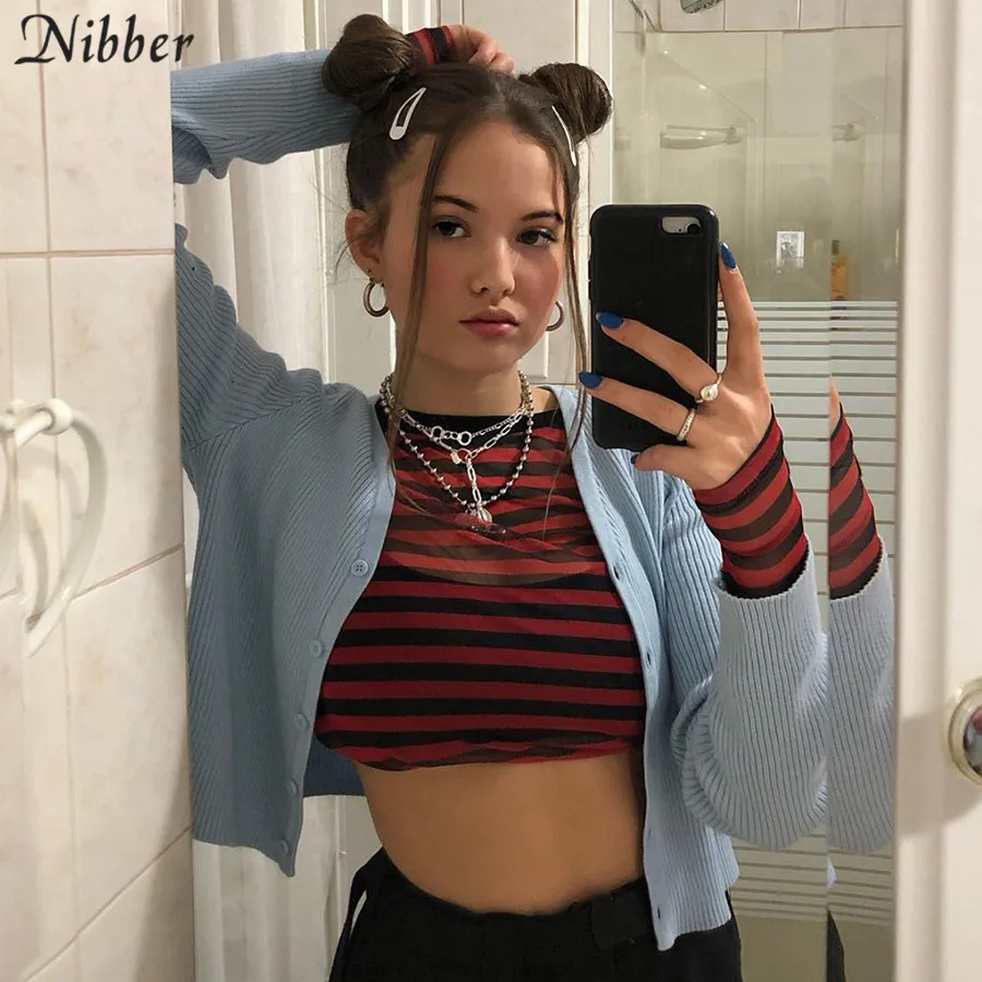 NIBBER, Harajuku, элегантные, синие, тонкие, с длинным рукавом, вязаные топы для женщин, осень, для офиса, улицы, Повседневный, топ, кардиган, тонкие пальто для женщин