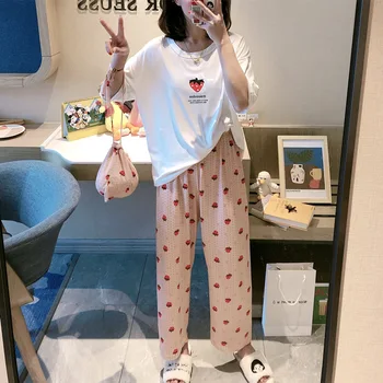 

Cartoon Printed Women's Pajama 2 Pieces Sets O Neck Short Sleeve Elastic Waist Female Homewear 2020 Summer Ladies Sleepwear Set