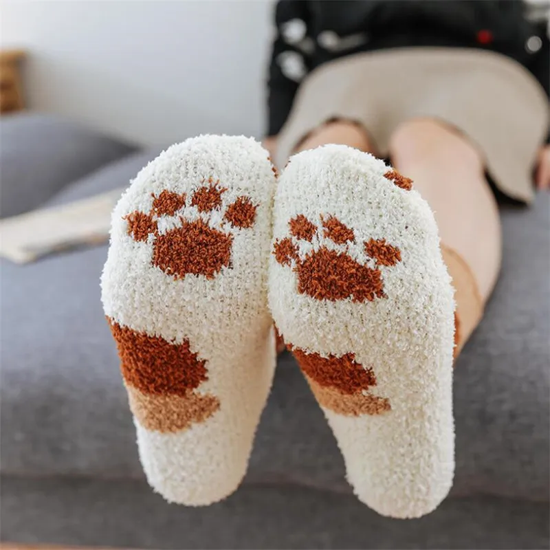 Горячая распродажа! Женские носки с героями мультфильмов; 5 пар/лот; сезон осень-зима; плюшевые носки из кораллового флиса с когтями кошки; теплые носки для сна для женщин и девочек