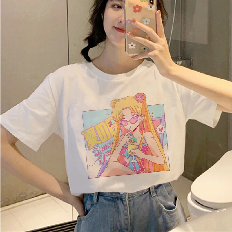 Sailor Moon Harajuku Ullzang, женские футболки, корейский стиль, футболка 90 s, графическая, милая, эстетическая футболка, забавные, кавайные, женские футболки - Цвет: 6568