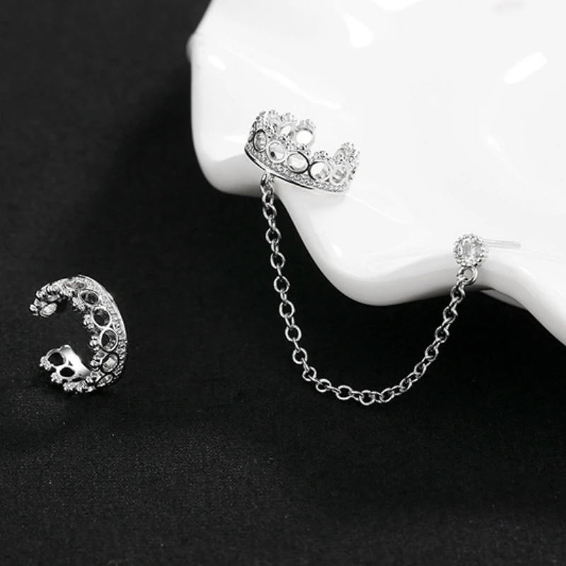 

Retro Style Silver Color Shiny Zircon Crown Long Tassel Chain Earring Hollow Lace Crown Ear Cuff Clip on Earring For Girl Gift
