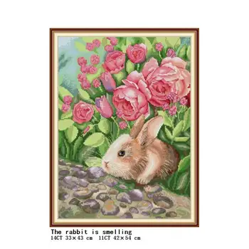 

The rabbit is smelling flowers animal pattern cross stitch kit Aida 14CT 11CT count printing hand embroidery DIY needlework set