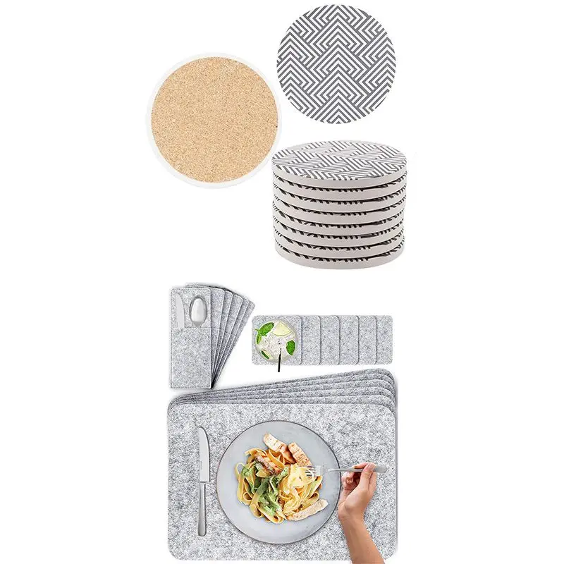 6 set Felt Place Mats Washable Cuttlery Bags Glass Coasters & 8pcs Diatomite Absorbent coaster Cork Ceramic | Дом и сад