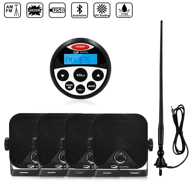 

Водонепроницаемый морской радиоприемник для лодки, Автомобильный MP3-плеер, 2 пары, 4 "Морской динамик, AM FM-антенна для квадроцикла, яхты