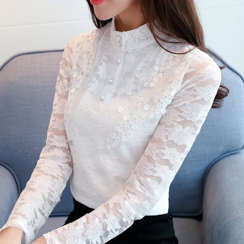 4XL blusas mujer de moda осенние кружевные топы с длинным рукавом модные повседневные женские блузки со стоячим воротником рубашки размера плюс женские топы