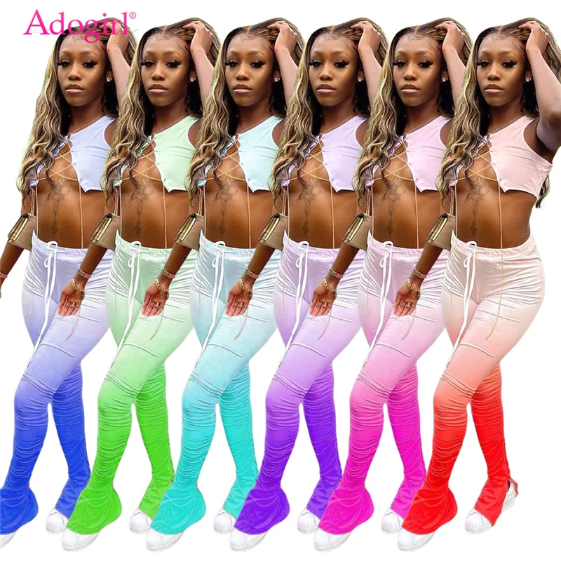 

Adogirl Changing Color Two Piece Set Metal Chain Straps Sleeveless Crop Top Ruched Split Flare Pants Women Tracksuit Outfits